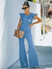 Women's Denim Slim Fit Ruffle Flared Jumpsuit - 808Lush