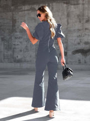 Women's Denim Slim Puff Sleeve Crossover Waist Jumpsuit - 808Lush