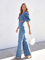 Women's Denim Slim Puff Sleeve Crossover Waist Jumpsuit - 808Lush