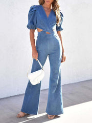 Women's Denim Slim Puff Sleeve Crossover Waist Jumpsuit - 808Lush