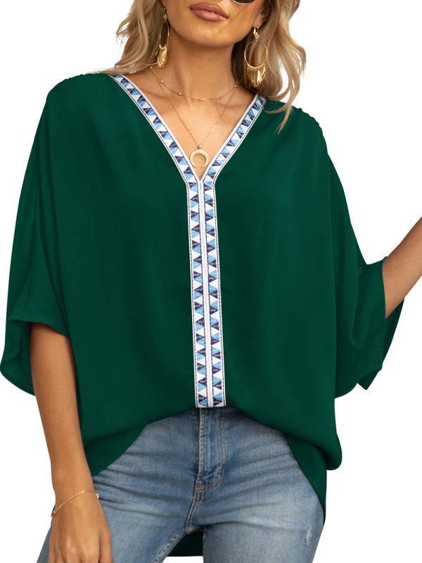 Women's Dolman Sleeve Chiffon V-Neck Short Sleeve Shirt Shirt - 808Lush