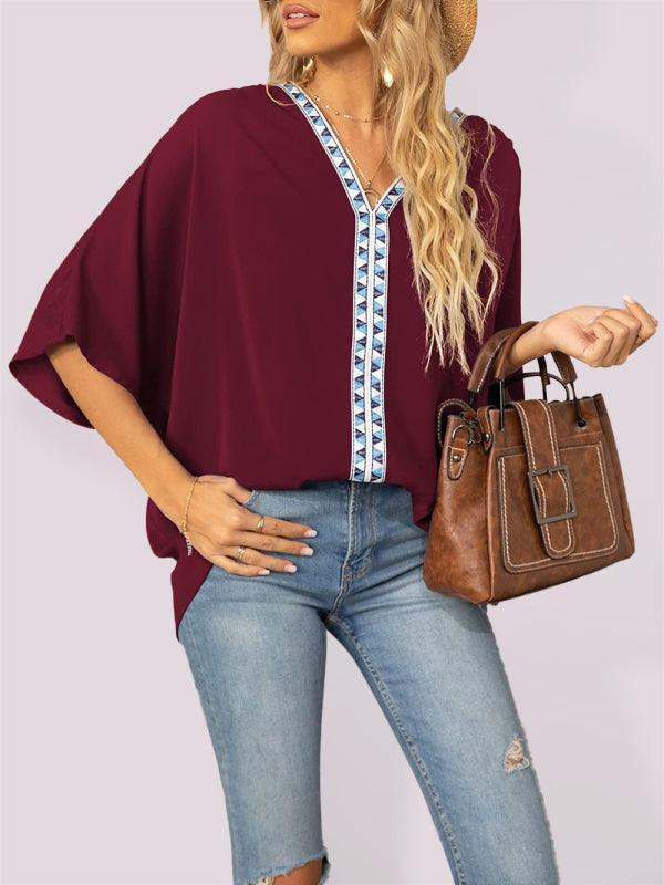 Women's Dolman Sleeve Chiffon V-Neck Short Sleeve Shirt Shirt - 808Lush