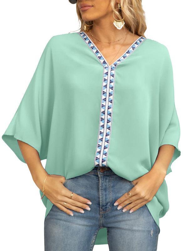 Women's Dolman Sleeve Chiffon V-Neck Short Sleeve Shirt Shirt - 808Lush