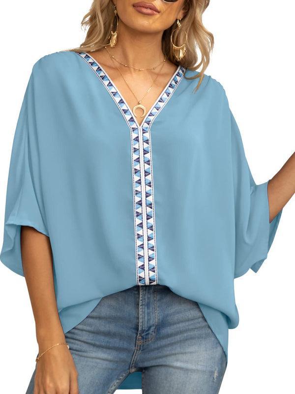 Women's Dolman Sleeve Chiffon V-Neck Short Sleeve Shirt Shirt - 808Lush