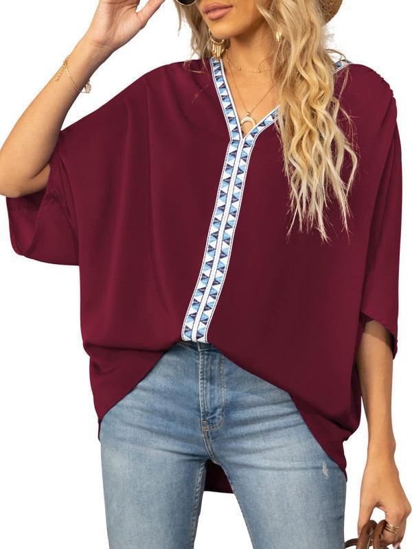 Women's Dolman Sleeve Chiffon V-Neck Short Sleeve Shirt Shirt - 808Lush