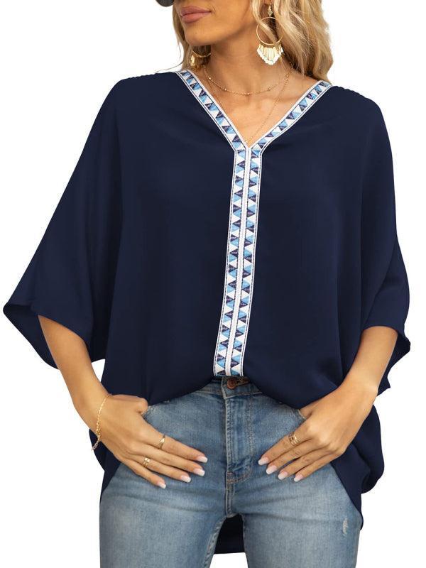 Women's Dolman Sleeve Chiffon V-Neck Short Sleeve Shirt Shirt - 808Lush