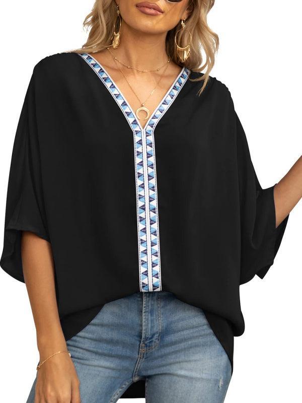 Women's Dolman Sleeve Chiffon V-Neck Short Sleeve Shirt Shirt - 808Lush