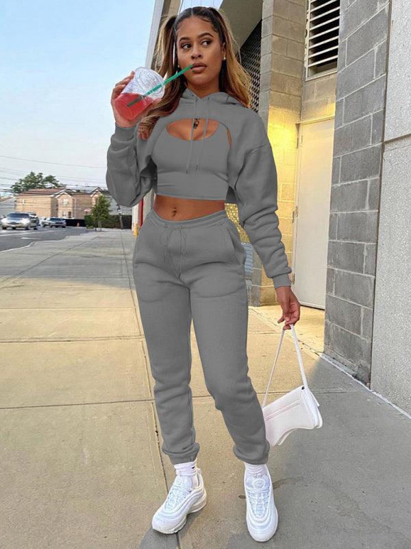 Women's Drawstring Solid Color Hoodie Long Sleeve Drawstring Trousers Vest Three-Piece Suit - 808Lush