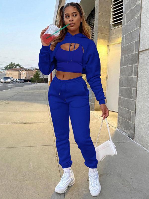 Women's Drawstring Solid Color Hoodie Long Sleeve Drawstring Trousers Vest Three-Piece Suit - 808Lush