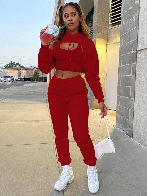 Women's Drawstring Solid Color Hoodie Long Sleeve Drawstring Trousers Vest Three-Piece Suit - 808Lush