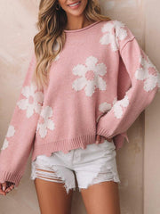 Women's Drop Shoulder Floral Pearl Loose Sweater - 808Lush