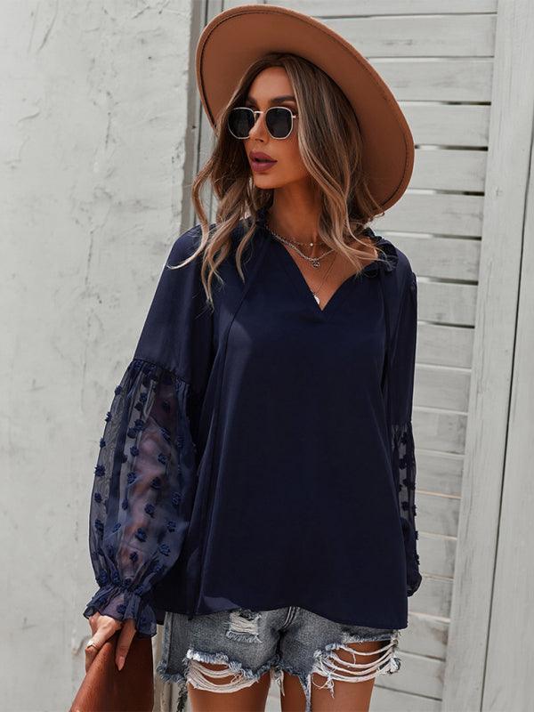 Women's Elegant Lace Stand Collar Puff Sleeve Shirt - 808Lush