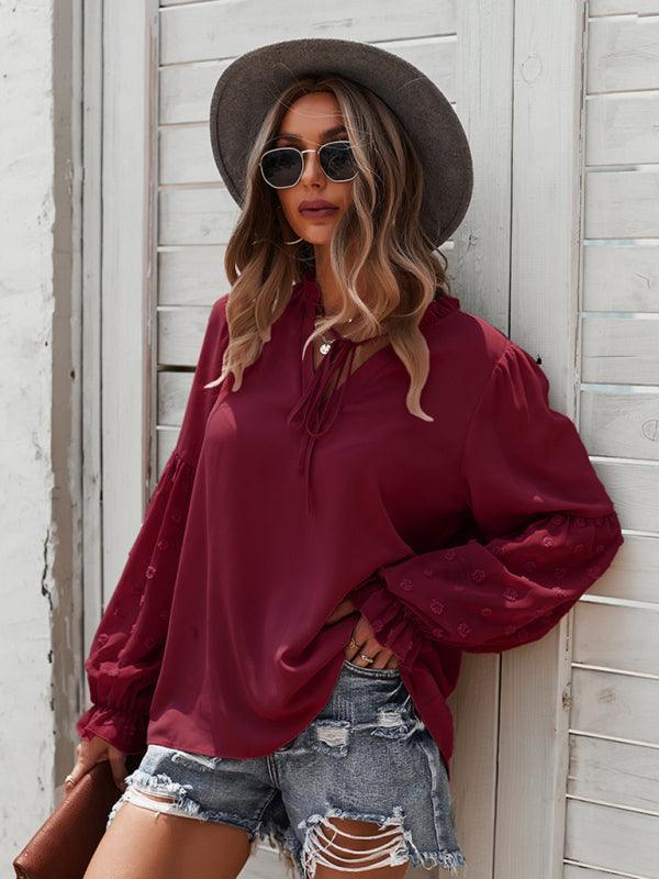 Women's Elegant Lace Stand Collar Puff Sleeve Shirt - 808Lush