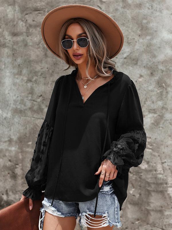 Women's Elegant Lace Stand Collar Puff Sleeve Shirt - 808Lush