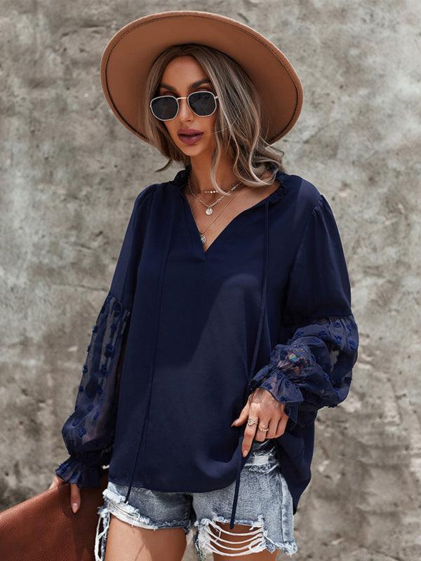 Women's Elegant Lace Stand Collar Puff Sleeve Shirt - 808Lush