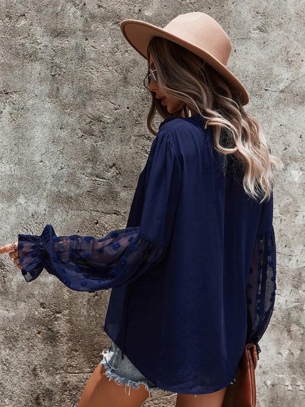 Women's Elegant Lace Stand Collar Puff Sleeve Shirt - 808Lush