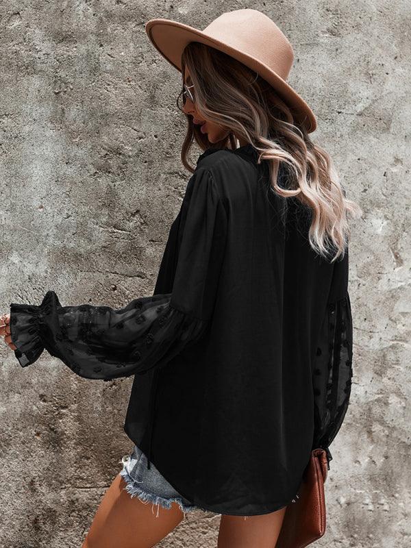 Women's Elegant Lace Stand Collar Puff Sleeve Shirt - 808Lush