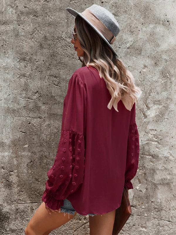 Women's Elegant Lace Stand Collar Puff Sleeve Shirt - 808Lush