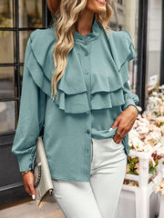 Women's Elegant Ruffled Stand-Collar Button-Down Shirt - 808Lush