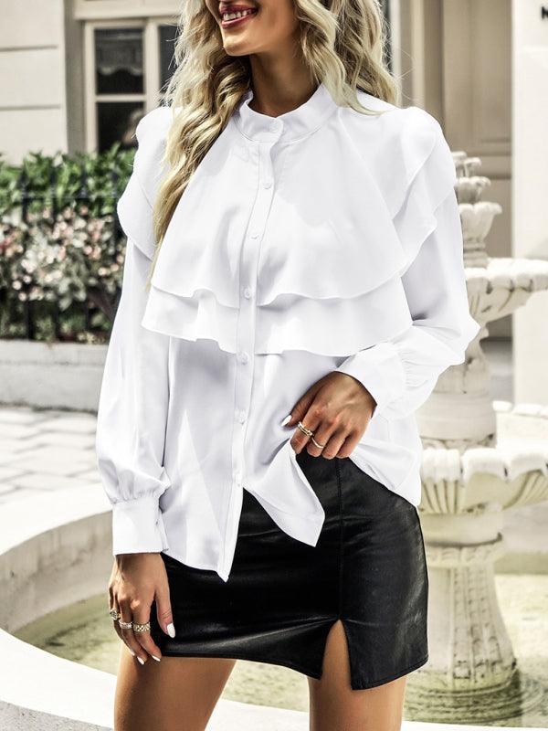 Women's Elegant Ruffled Stand-Collar Button-Down Shirt - 808Lush