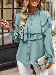 Women's Elegant Ruffled Stand-Collar Button-Down Shirt - 808Lush