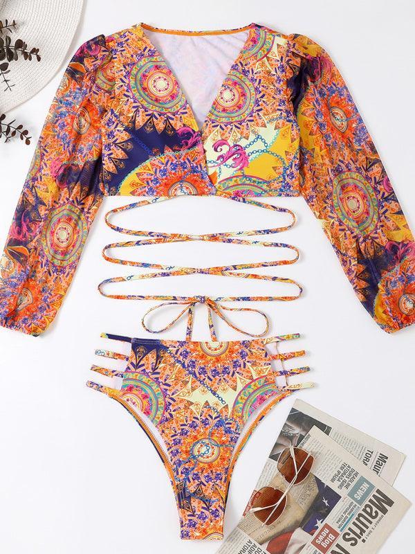 Women's Ethnic Printed Mesh Long Sleeve Bikini Set - 808Lush