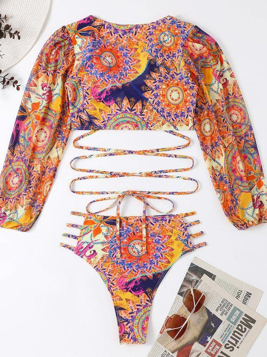 Women's Ethnic Printed Mesh Long Sleeve Bikini Set - 808Lush