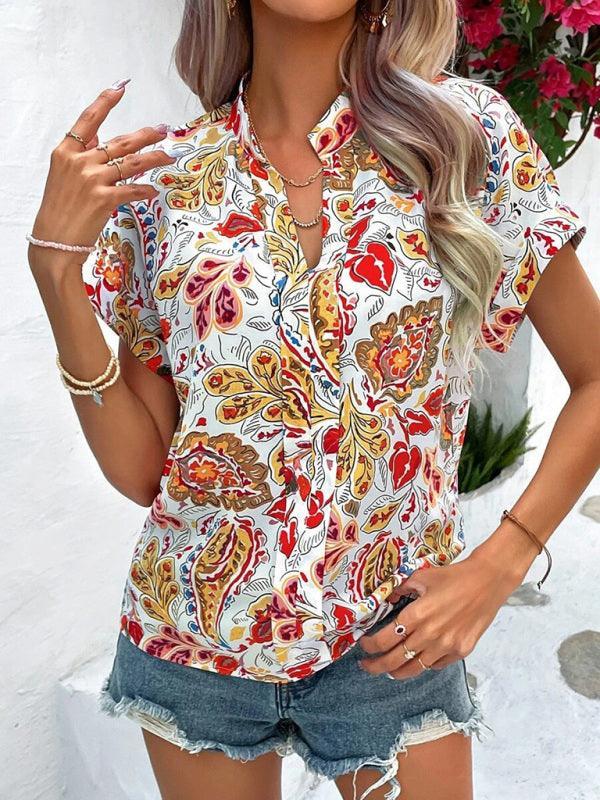 Women's Fashion Painted Printing V-neck Short Sleeve Top - 808Lush