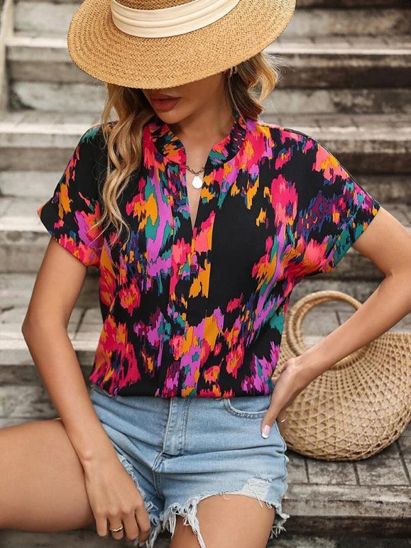 Women's Fashion Painted Printing V-neck Short Sleeve Top - 808Lush