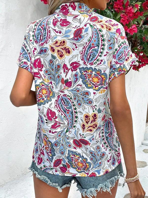 Women's Fashion Painted Printing V-neck Short Sleeve Top - 808Lush