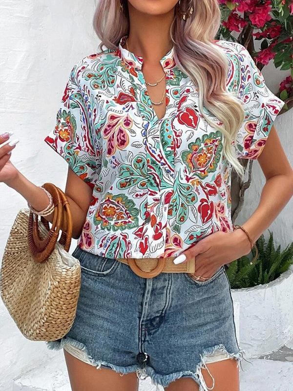 Women's Fashion Painted Printing V-neck Short Sleeve Top - 808Lush