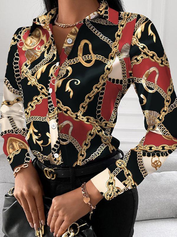 Women's Fashion Printed Long Sleeve Lapel Shirt - 808Lush