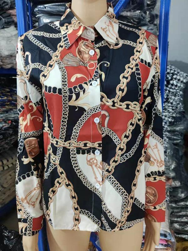 Women's Fashion Printed Long Sleeve Lapel Shirt - 808Lush