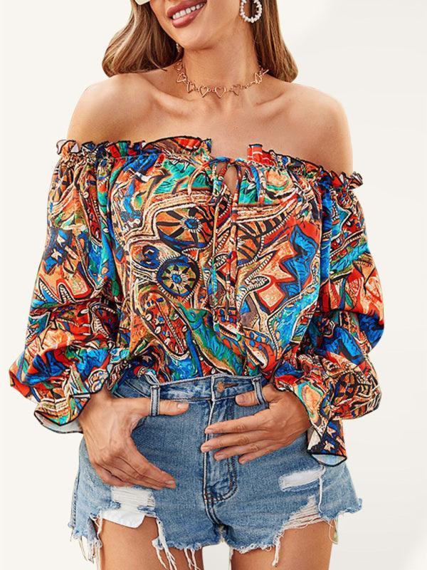 Women's Fashion Sexy Off Shoulder Long Sleeve Printed Shirt - 808Lush