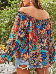 Women's Fashion Sexy Off Shoulder Long Sleeve Printed Shirt - 808Lush