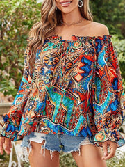 Women's Fashion Sexy Off Shoulder Long Sleeve Printed Shirt - 808Lush