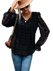 Women's Fashion Tops Thin Loose V-Neck Long Sleeve Black Shirt - 808Lush