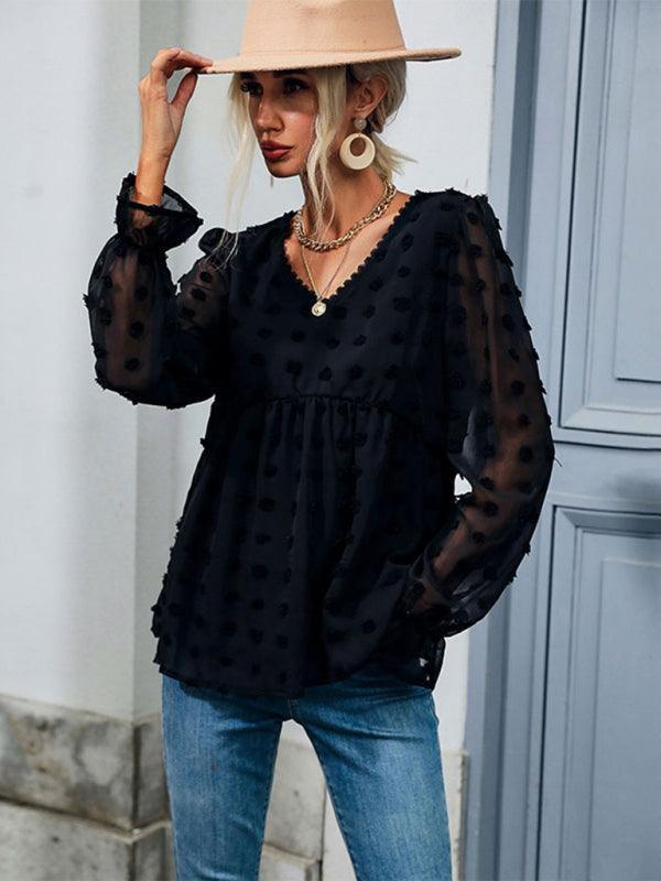 Women's Fashion Tops Thin Loose V-Neck Long Sleeve Black Shirt - 808Lush