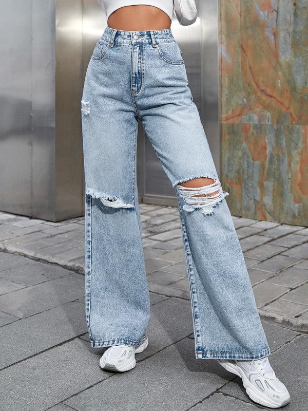 Women's Fashion ripped high waist wide leg casual denim trousers - 808Lush