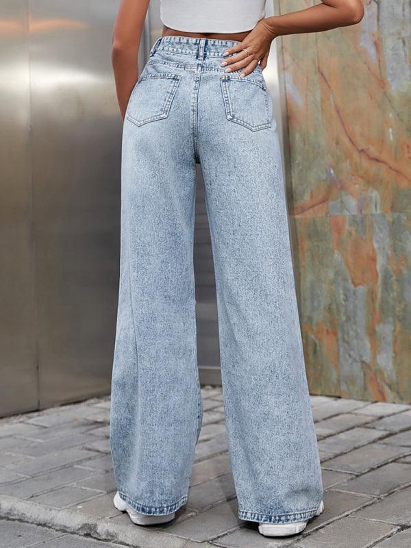 Women's Fashion ripped high waist wide leg casual denim trousers - 808Lush