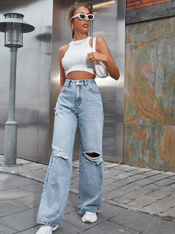 Women's Fashion ripped high waist wide leg casual denim trousers - 808Lush