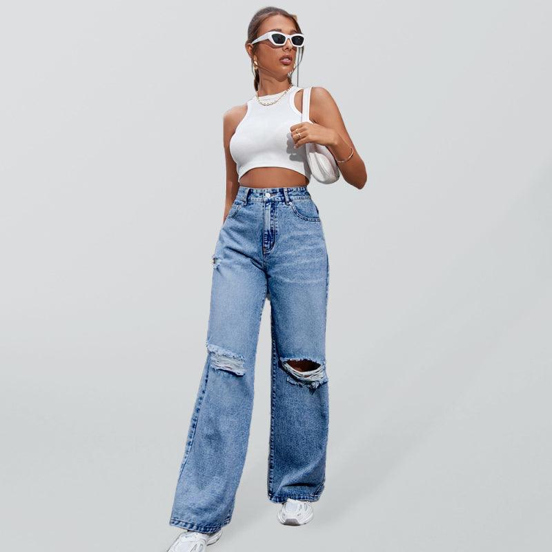 Women's Fashion ripped high waist wide leg casual denim trousers - 808Lush