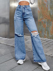 Women's Fashion ripped high waist wide leg casual denim trousers - 808Lush