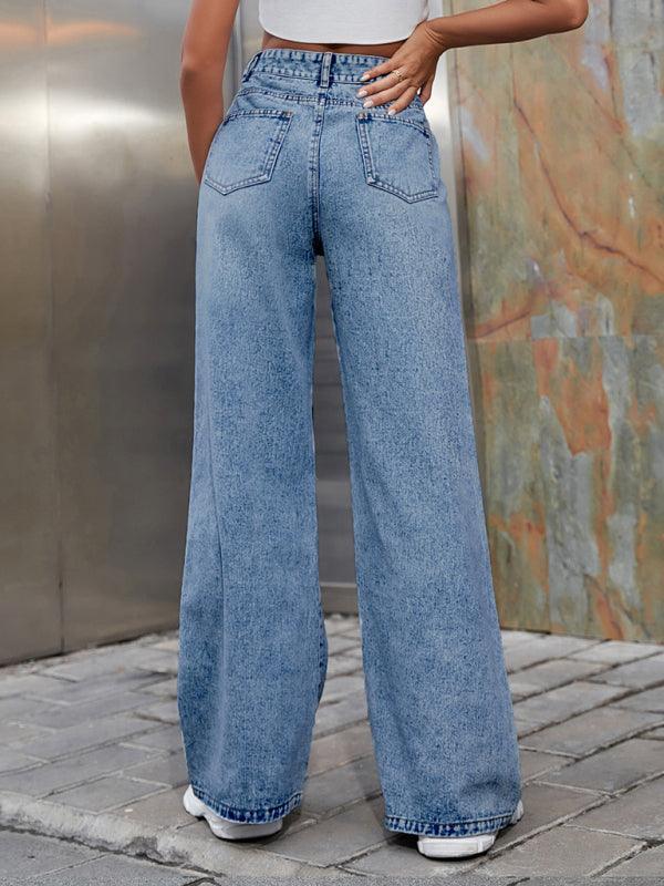 Women's Fashion ripped high waist wide leg casual denim trousers - 808Lush