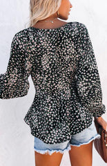 Women's Floral Print V-Neck Tie Waist Long Sleeve Shirt - 808Lush