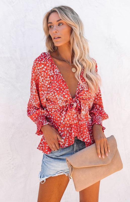 Women's Floral Print V-Neck Tie Waist Long Sleeve Shirt - 808Lush