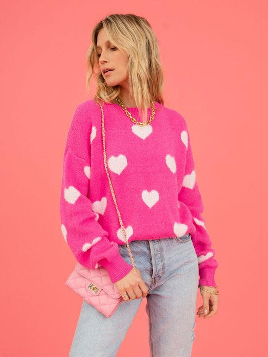 Women's Heart Valentine's Day Round Neck Pullover Sweater - 808Lush