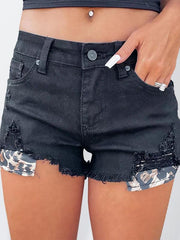 Women's High Waist Leopard Pocket Ripped Denim Shorts - 808Lush