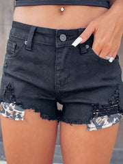 Women's High Waist Leopard Pocket Ripped Denim Shorts - 808Lush