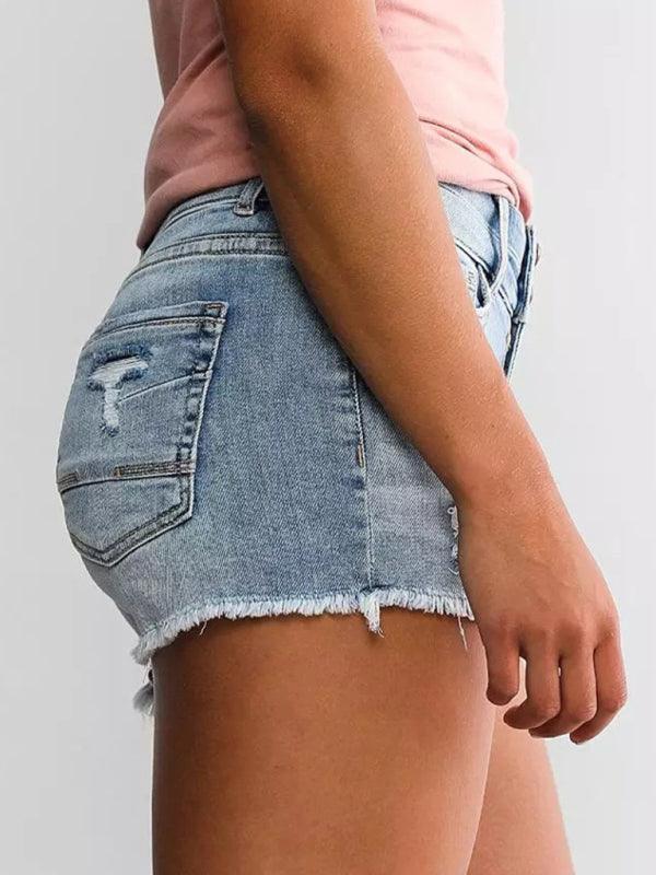 Women's High Waist Two Button Fashion Ripped Denim Shorts - 808Lush